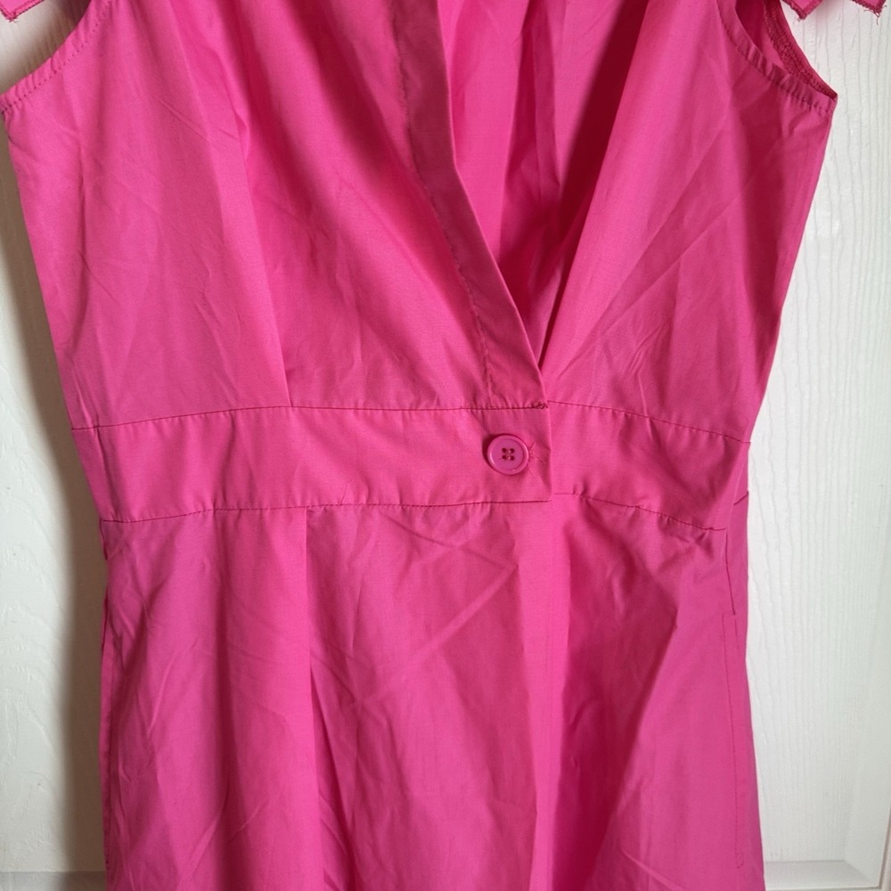 Pink Solid Deep V Neck Ruffle Cap Sleeves Classic Collar Midi Dress Sz M Fairy - Picture 4 of 13